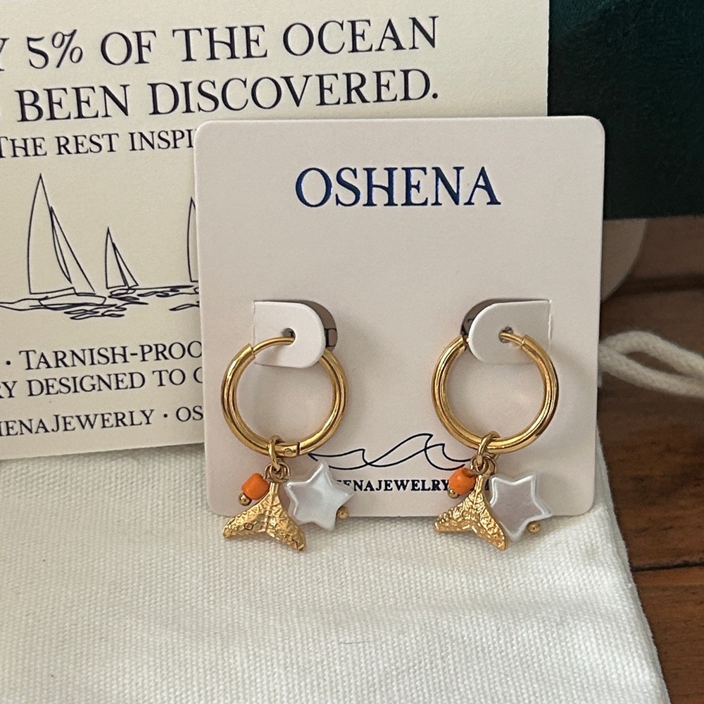 Oshena designer beachwear Gold Hoop Earrings‎ with mermaid tail starfish Charms